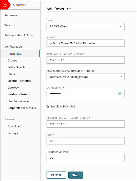 Screenshot of WatchGuard Cloud, Radius Resource